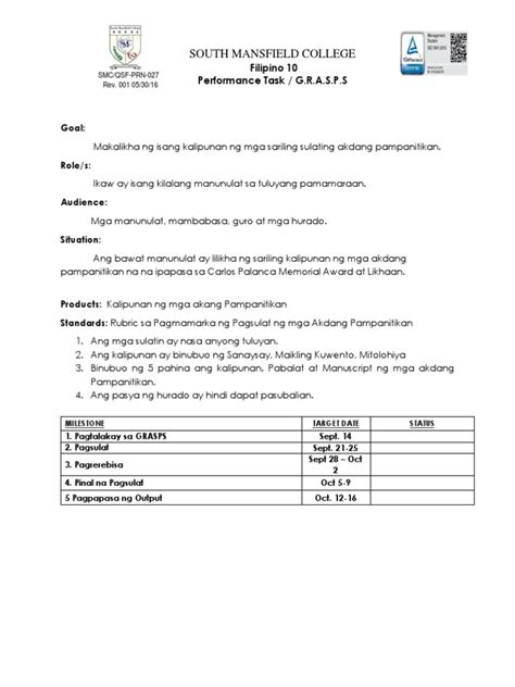 Filipino 10 GRASPS PDF .